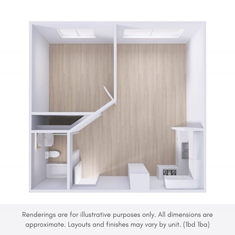 A rendering of a small, modern kitchen with a staircase.